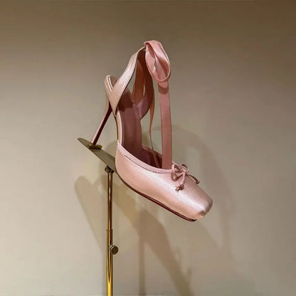 New 2026 Summer Women's Nude Satin Lace-Up Bow Heel Closed Square Toe Sandals Ballet Shoes Luxury Dress Slingback Ladies Pumps