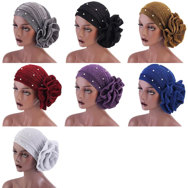 Summer Beading Flower Women's Turban Caps Stretchy Female Headwrap Bonnet Cancer Headwear Muslim Turban Hijabs Islamic Headscarf