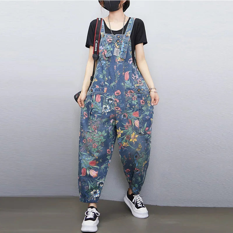 Casual Streetwear Print Floral Denim Jumpsuit Woman Loose Baggy Wide Leg Pants Rompers Big Size Pockets Straps Jeans Overalls