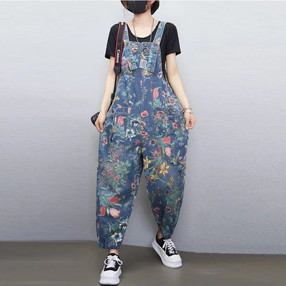 Casual Streetwear Print Floral Denim Jumpsuit Woman Loose Baggy Wide Leg Pants Rompers Big Size Pockets Straps Jeans Overalls