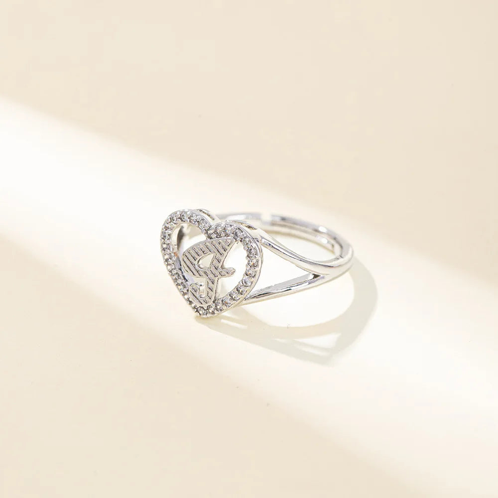 White Zircon 26 Letters A-Z Love Heart Open Adjustable Rings For Women Gold Silver Color Wedding Band Jewelry Mother's Day Gifts