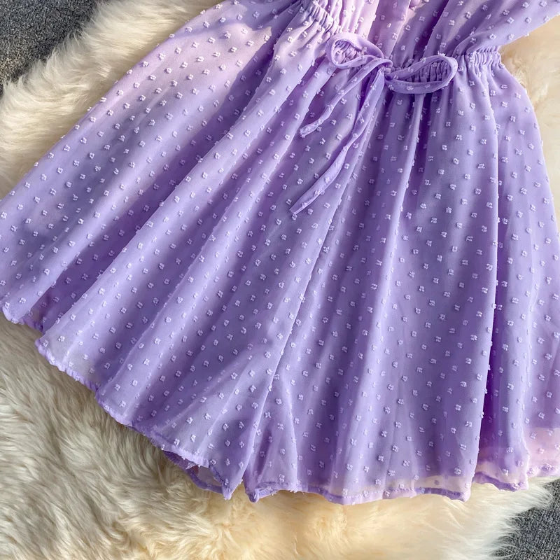 2025 Summer Women Playsuit Polka Dot See Through Thin Beach Rompers Sexy V-neck Short Sleeve Drawstring Sash Slim Waist Overalls