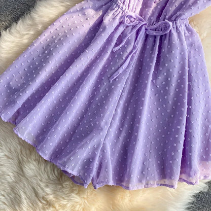 2025 Summer Women Playsuit Polka Dot See Through Thin Beach Rompers Sexy V-neck Short Sleeve Drawstring Sash Slim Waist Overalls