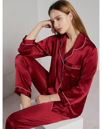 19MM 100% Mulberry Silk Pajamas Women Silk Sleepwear Lady Long-sleeved TrousersTwo-piece Spring Summer  Loose Sexy Home Clothes