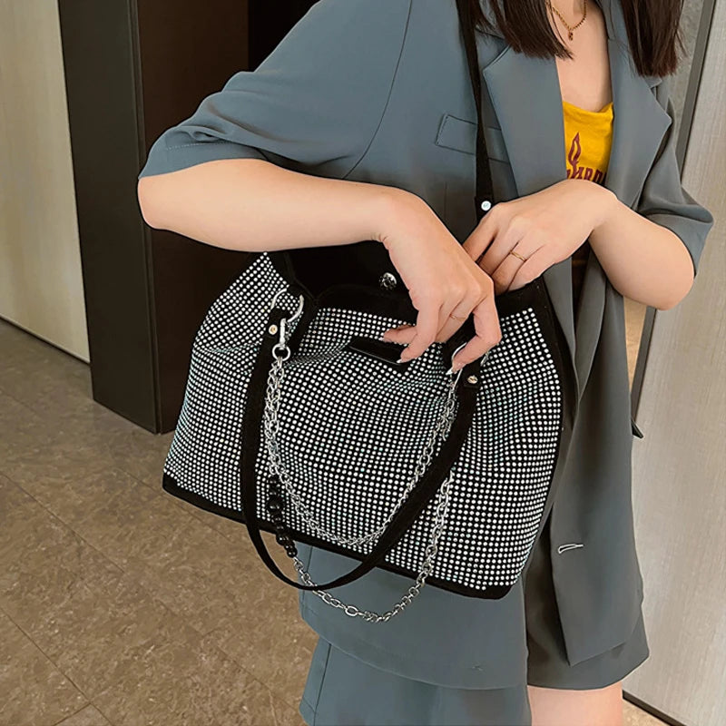 2024 Fashion Women Bling Diamonds Handbag Large Capacity PU Leather Big Totes Designer Female Chain Shoulder Bags Shopping Bags