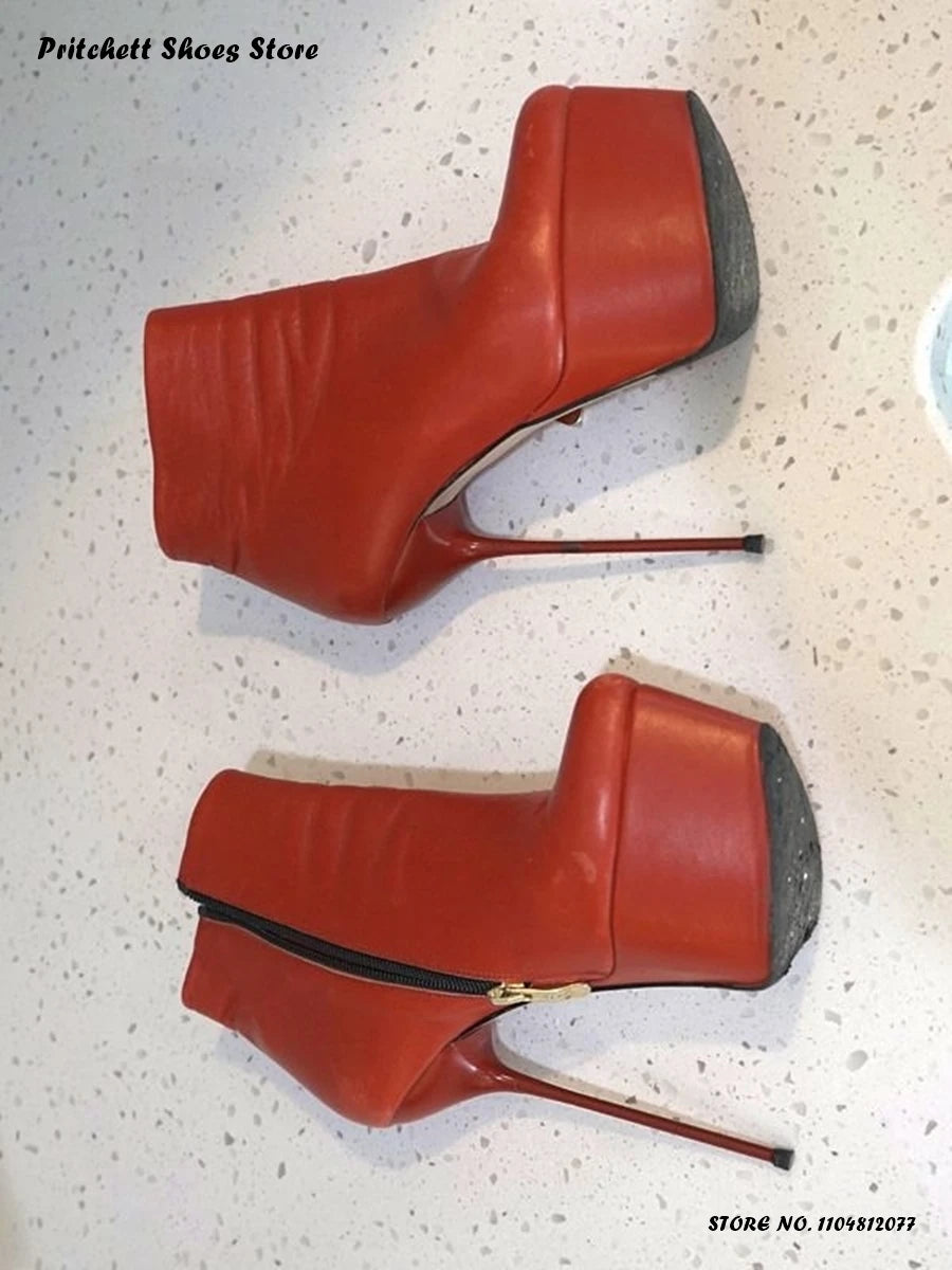 Women's Red Platform Stiletto Booties Spring Autumn Sexy Solid Zipper Ankle Boots Round Toe Thin Heels Trending Party Footwear