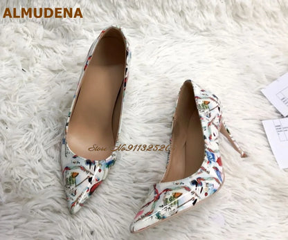ALMUDENA White Patent Leather Eiffel Tower Red Lips Printed Wedding Shoes 12cm Sky High Heel Pointed Toe Slip-On Banquet Pumps