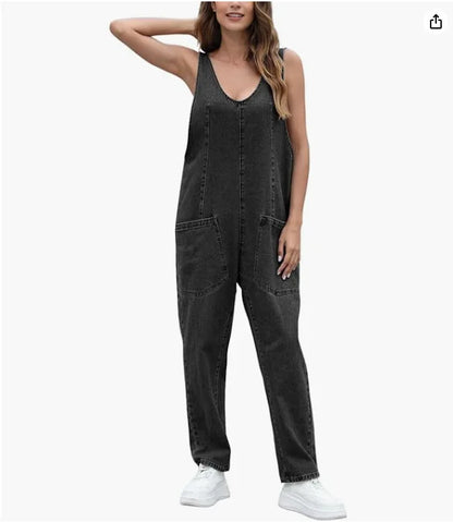 Denim Jumpsuit Women One Piece Sleeveless Rompers Pocket V Neck Spliced Casual Overalls Loose Jeans Jumpsuit Y2k Streetwear