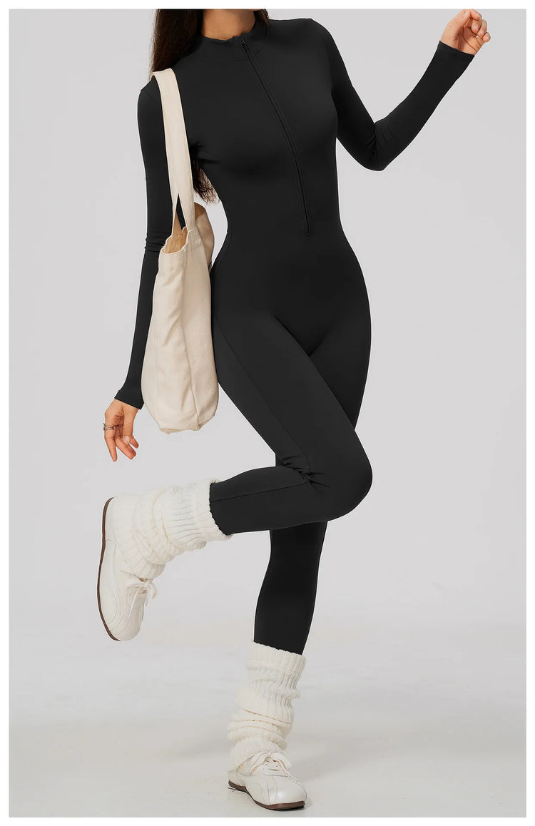 Winter Half Zip Yoga Bodysuit Women Long Sleeved Fitness Jumpsuit Sportswear Gym Clothes One-piece Running Workout Wear Rompers