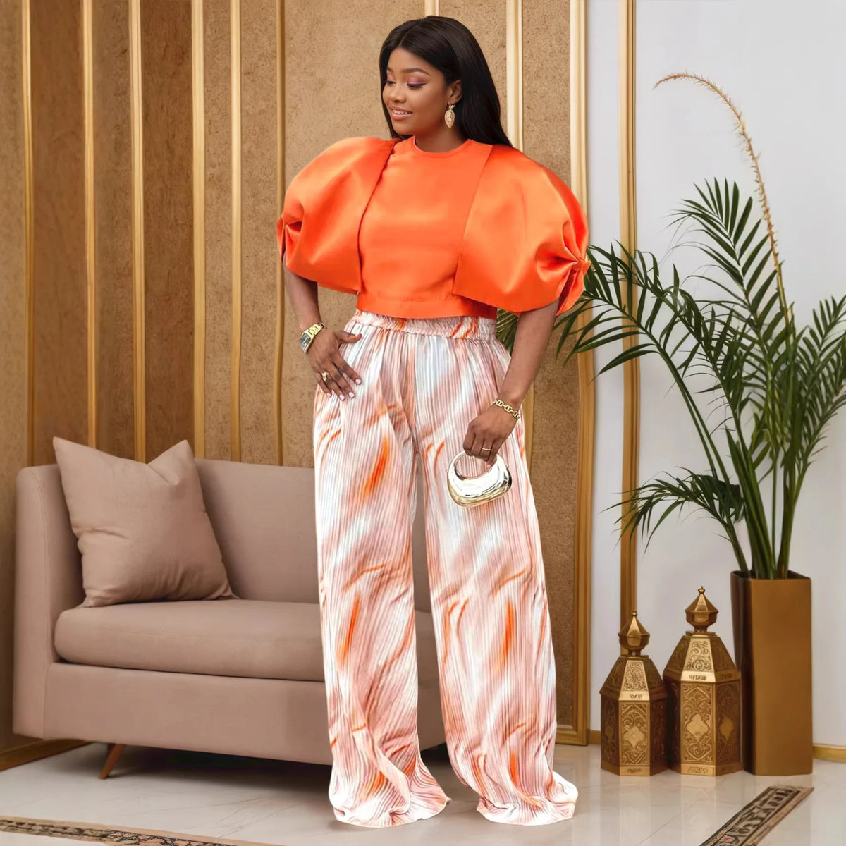 Plus-size Fashion Women's Outfit: Orange Puff-sleeve Short Top + Gradient Striped High-waisted Wide-leg Drapey Long Pants Set