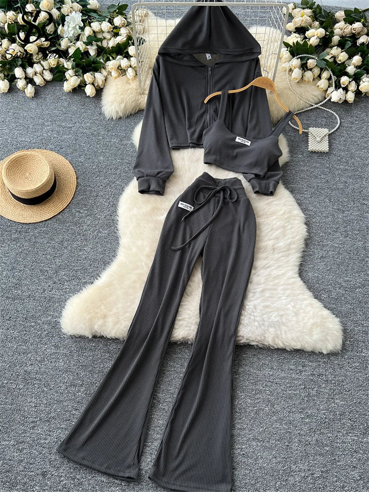 SINGREINY 2026 Autumn Sporty Suits Ladies Full Sleeves Hoodies+Sling Mini Camis+Drawstring Long Pants Casual Three Pieces Sets