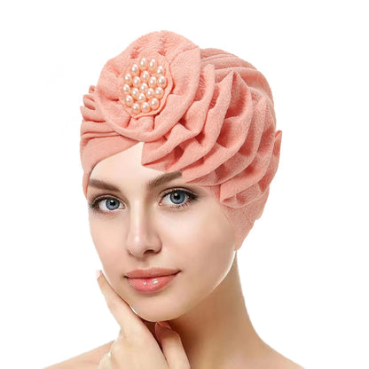 Solid Color Flowers Muslim Hijab Caps Beading Women Wrap Head Ramadan Ladies Fashion Headwear Turban Bonnet