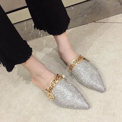 2025 New Summer Shoes for Women Luxury Slipper Girl Bling Crystal Chain Casual Flat Sandals Girl Pointed Toe Slides