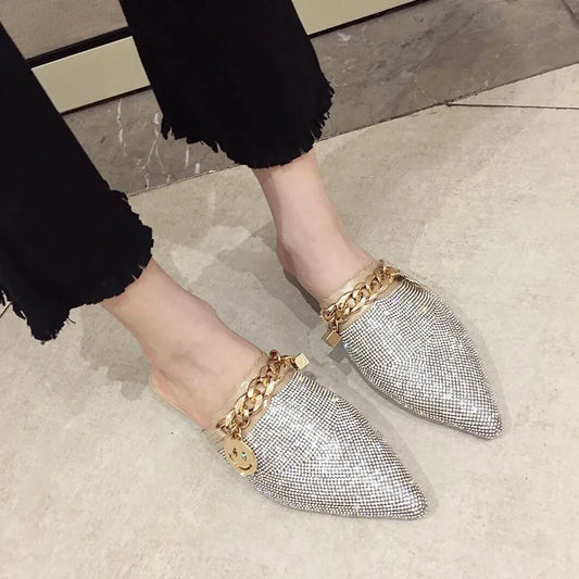 2025 New Summer Shoes for Women Luxury Slipper Girl Bling Crystal Chain Casual Flat Sandals Girl Pointed Toe Slides
