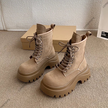 Comemore Platform Lace Up Ankle Boots Retro British Style Chunky Heeled Suede Leather Shoes for Women Solid Short Work Botas