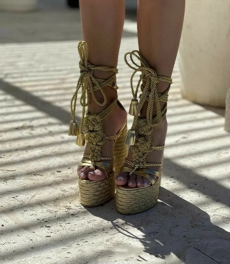Fashion Weave Platform Sexy Design Slingback Sandals Women Chunky High Heel Ankle Lace Up Sandals Lady Dress Golden Shoes
