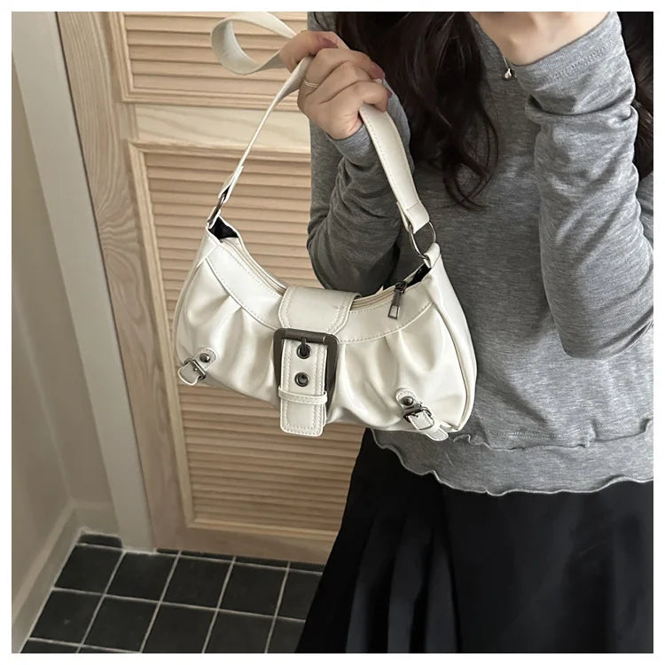 Fashion Pleated Lock Design Women's PU Shoulder Bags Simple Solid Color Ladies Underarm Bag Portable Cool Girls Phone Handbag