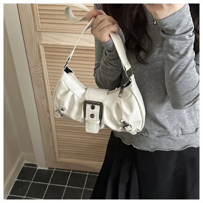 Fashion Pleated Lock Design Women's PU Shoulder Bags Simple Solid Color Ladies Underarm Bag Portable Cool Girls Phone Handbag