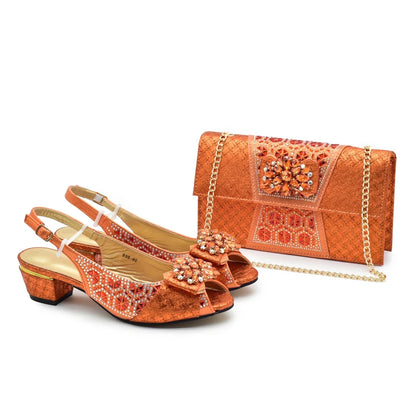Matching Nigerian Party Shoes and Bags for Ladies Elegant Heeled Shoes for Women Rhinestone Design Italian Shoe and Bag Set