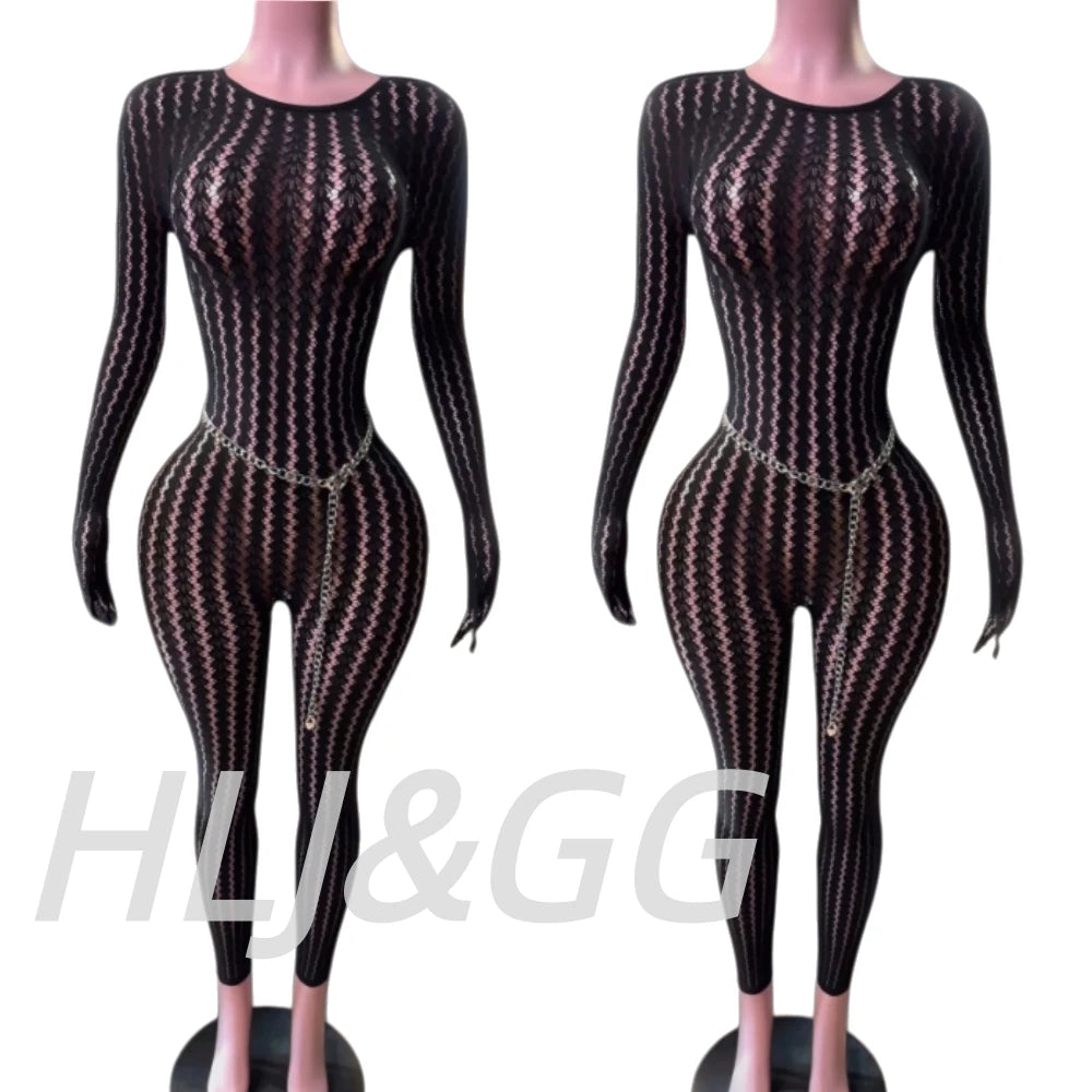 HLJ&GG Sexy Mesh Stretchy See Though Bodycon Jumpsuits Women Round Neck Long Sleeve Slim Playsuits Fashion Print Overalls 2025