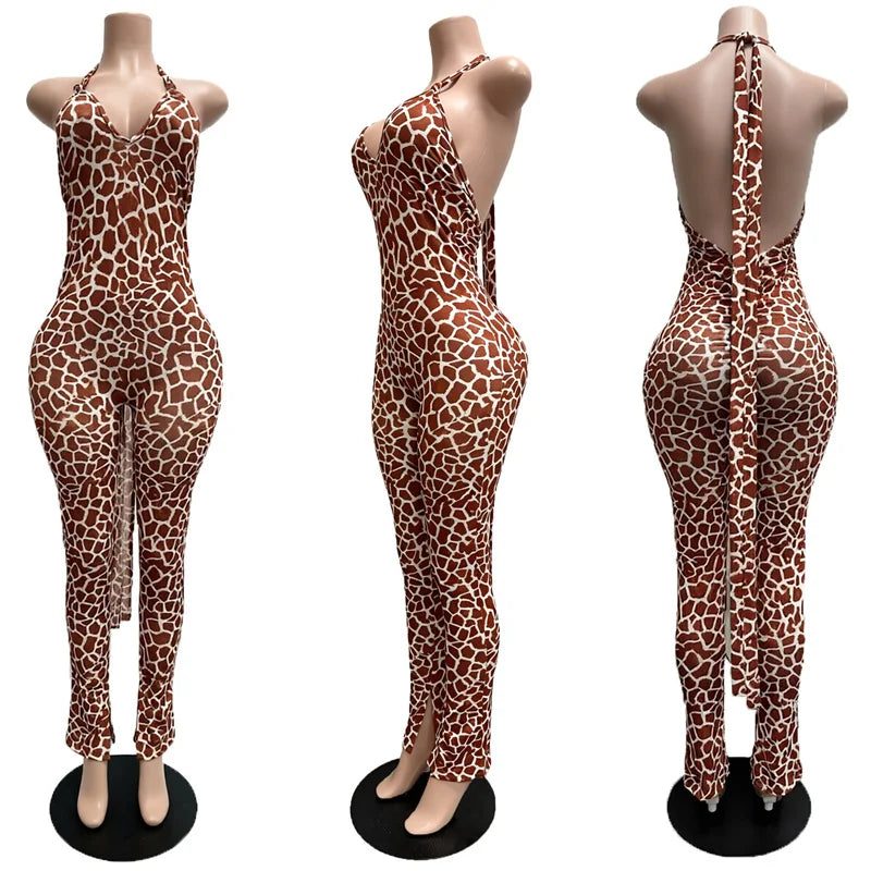Doyerl Leopard Print Women's Jumpsuits and Rompers Sleeveless Halter V-neck Backless Ruched Skinny Club Party One Piece Overalls