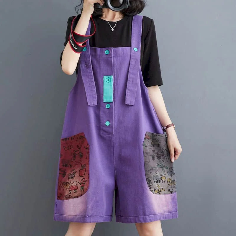 Denim Jumpsuits 2026 Summer Fabric Patch Pants Korean Style Wide Leg Shorts Loose Playsuits One Piece Outfits Women Clothing