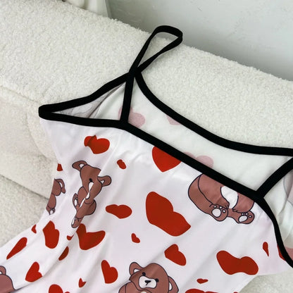 FINETOO Summer Teddy Bear Sleepwear Women Seamless Hearts Butterfly Floral Printed Sleeveless Ruffled Loungewear Cute Nightdress