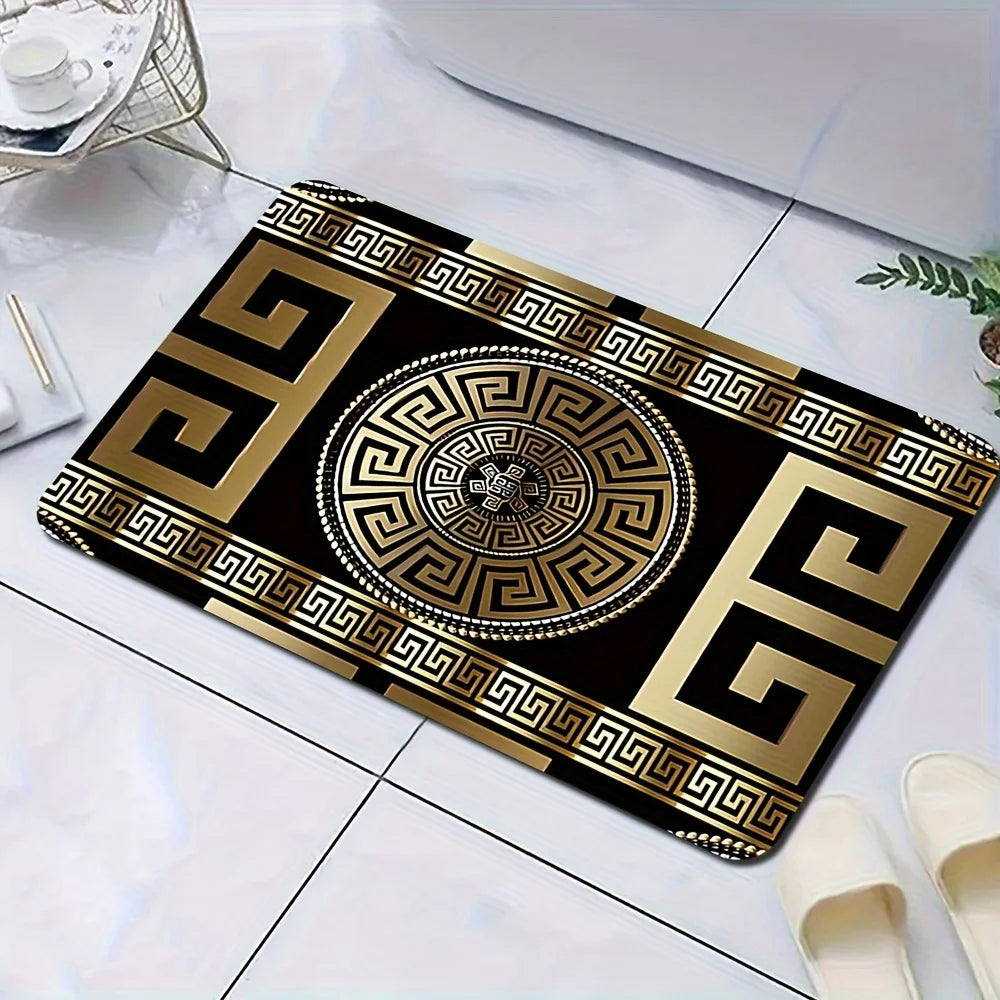 Retro Black&Gold Greek Key Floor Mat,Non-Slip HD Geometric Print, Washable Welcome Rug for Entryway,Living Room,Bathroom & More