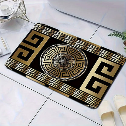 Retro Black&Gold Greek Key Floor Mat,Non-Slip HD Geometric Print, Washable Welcome Rug for Entryway,Living Room,Bathroom & More