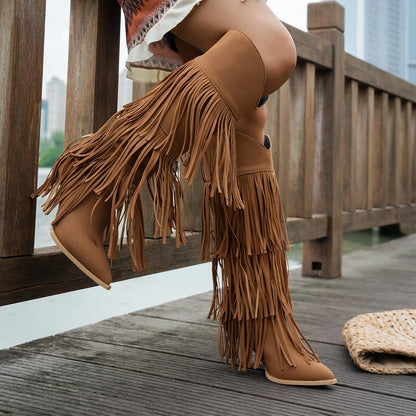 Women Boots Tassel Pointed Toe Thin Heels Women's Boots Suede Multi Fringe Knee High Boots Street-Style Party Fashion Shoes