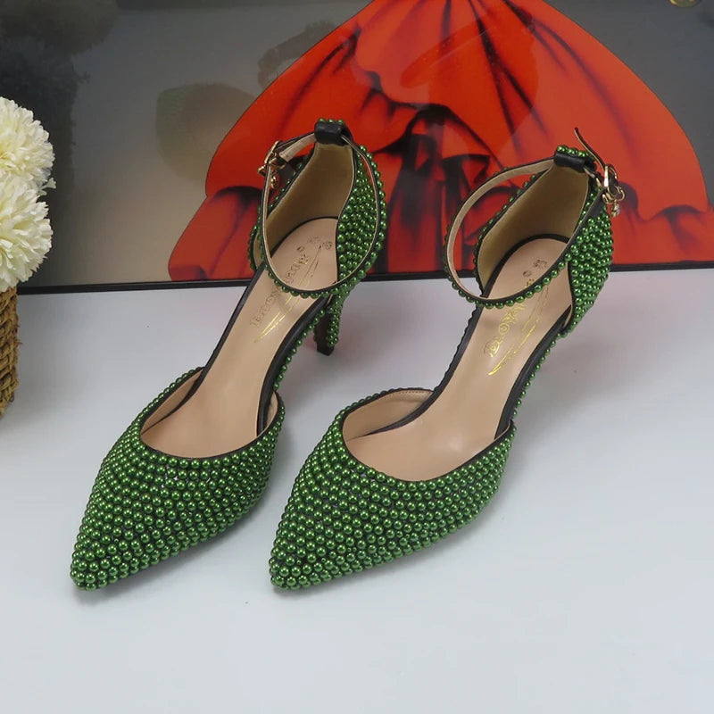 BaoYaFang New arrival Green Pearl Bridal shoes and Bag Set woman party dress shoes Big size ankle Strap Buckle Shoes High Pumps