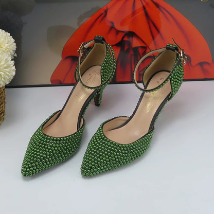 BaoYaFang New arrival Green Pearl Bridal shoes and Bag Set woman party dress shoes Big size ankle Strap Buckle Shoes High Pumps