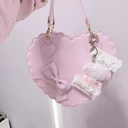 PU Heart Lolita Handbags Girls Bowknots Decor Japanese Shoulder Bags Two Sized Kawaii Shell Purses Cute Pink Messenger Bag Gifts