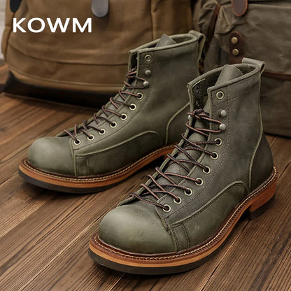 KOWM Cowhide Hiking Shoes Men's Walking Boot British Trekking Shoes Thick Soled Cowhide High Top Motorcycle Boots Ankle Sneakers