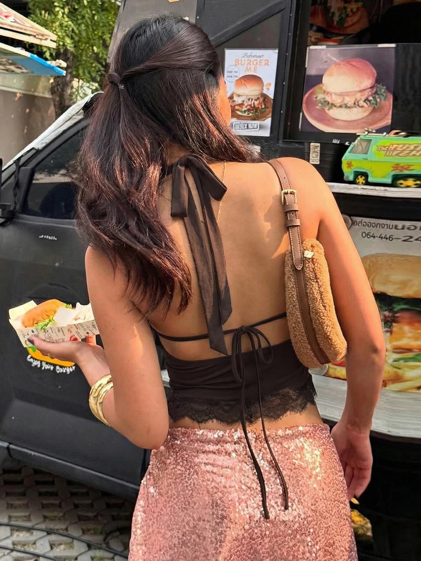 Dulzura Summer Fashion Sexy Halter Backless Lace Up Lace Ruffles Swinging Collar Vest Women'S Casual Y2K Top Party Club Clothes