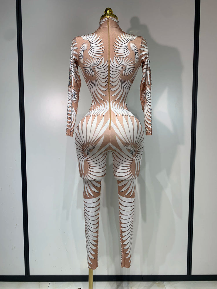 Sexy Long Sleeves Print Rhinestone Jumpsuits Drag Queen Show Stage Performance Costume Women Evening Party Nightclub Rompers