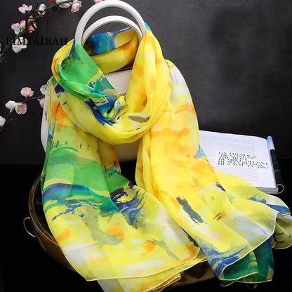 100% silk  scarf ladies Yellow printed  silk scarf Women fashion  soft and elegant shawl long shawl spring autumn winter summer