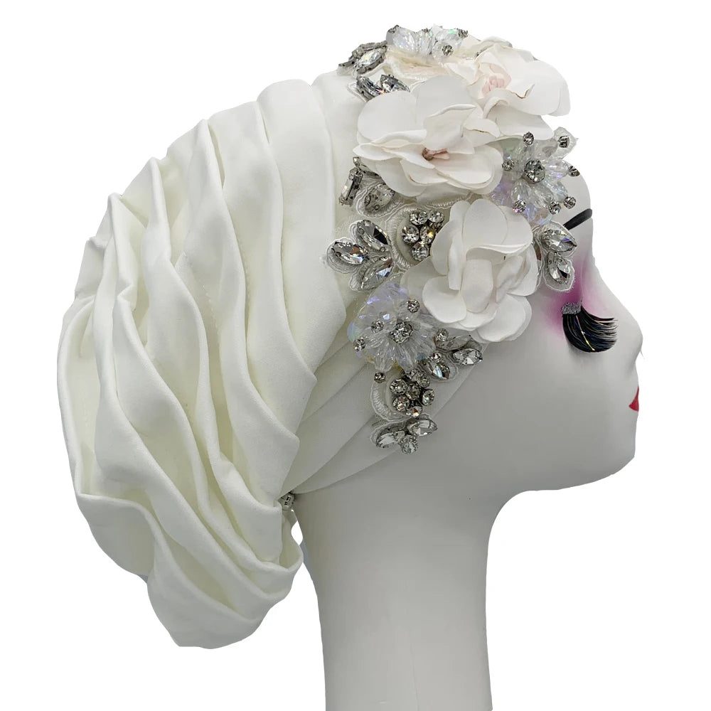 Elegant Flower Diamonds Women's Turban Cap African Party Headwear Hat Lady Head Wraps Muslim Headscarf Hats Turbante Mujer