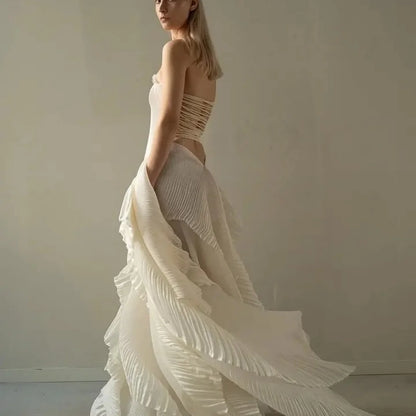 Bella Customized Ivory Strapless Prom Dress with Textured Corset Bodice and Pleated Asymmetrical Overlay Skirt robes de soirée
