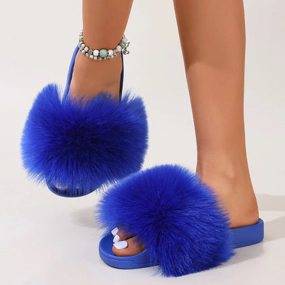 Fashion Fox Fur Slides Women Luxury Designer Summer Sandals Ladies Furry Lazy Slippers Fluffy Flip Flops Shoes Plus Size Shoes