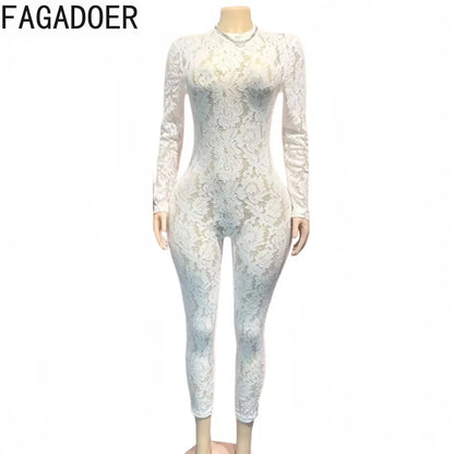 FAGADOER Fashion Floral Lace Bodycon Jumpsuits 2026 Women Sexy White See Through Long Sleeves Rompers Night Party Club Playsuits