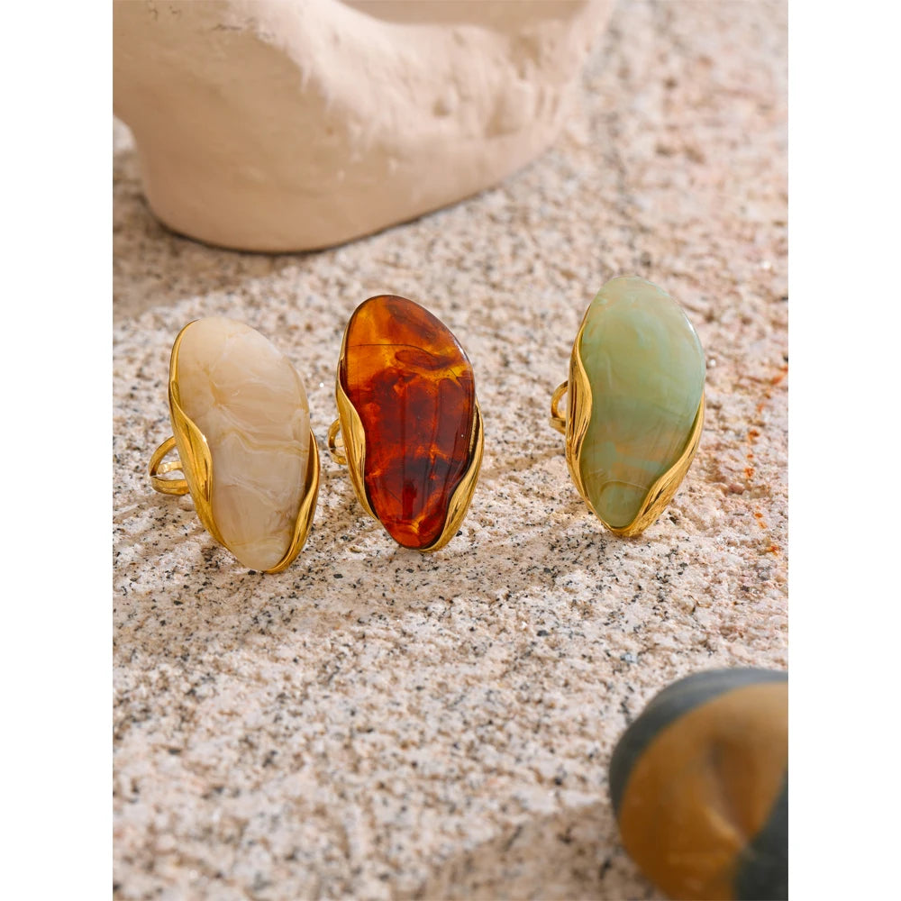Yhpup New Design Brown Green Beige Resin Geometric Adjustable Ring Golden PVD Stainless Steel Rust Proof Finger Jewelry Gift