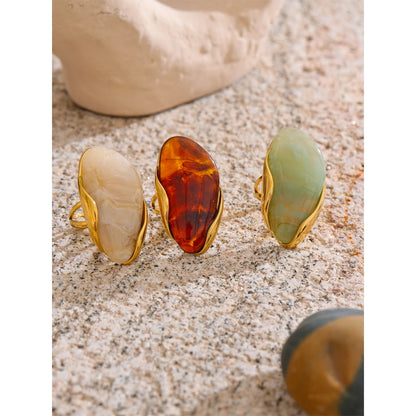 Yhpup New Design Brown Green Beige Resin Geometric Adjustable Ring Golden PVD Stainless Steel Rust Proof Finger Jewelry Gift