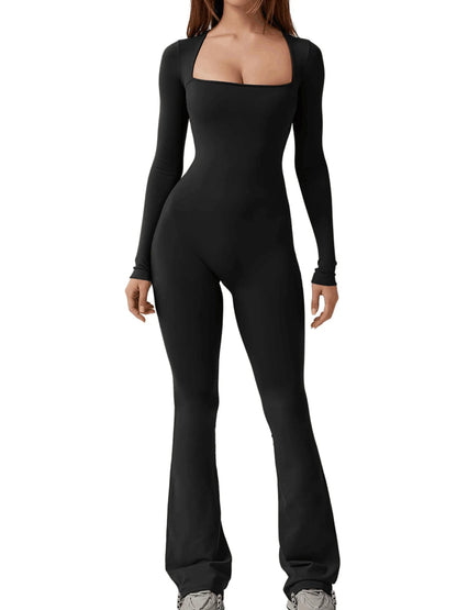 Foreign Trade Women's Long Sleeved Waist Cinching and Waist Lifting Square Collar Wide Leg High Elastic Jumpsuit