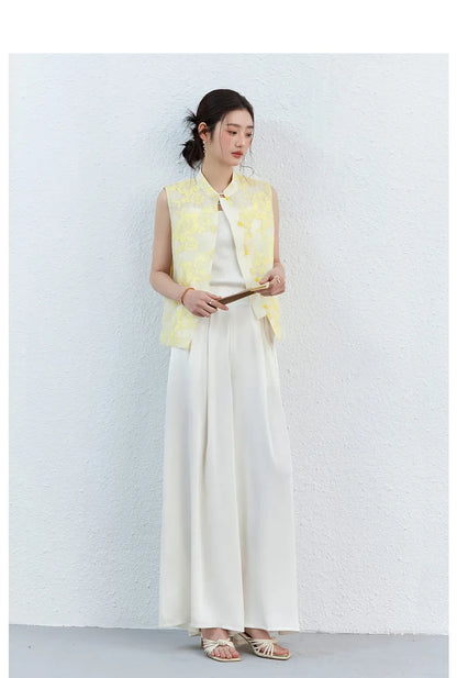 VIMLY Women's Vest 2026 Summer Casual Yellow Floral Embroidery Stand Collar New Chinese Style Sleeveless Jacket Ladies A5251