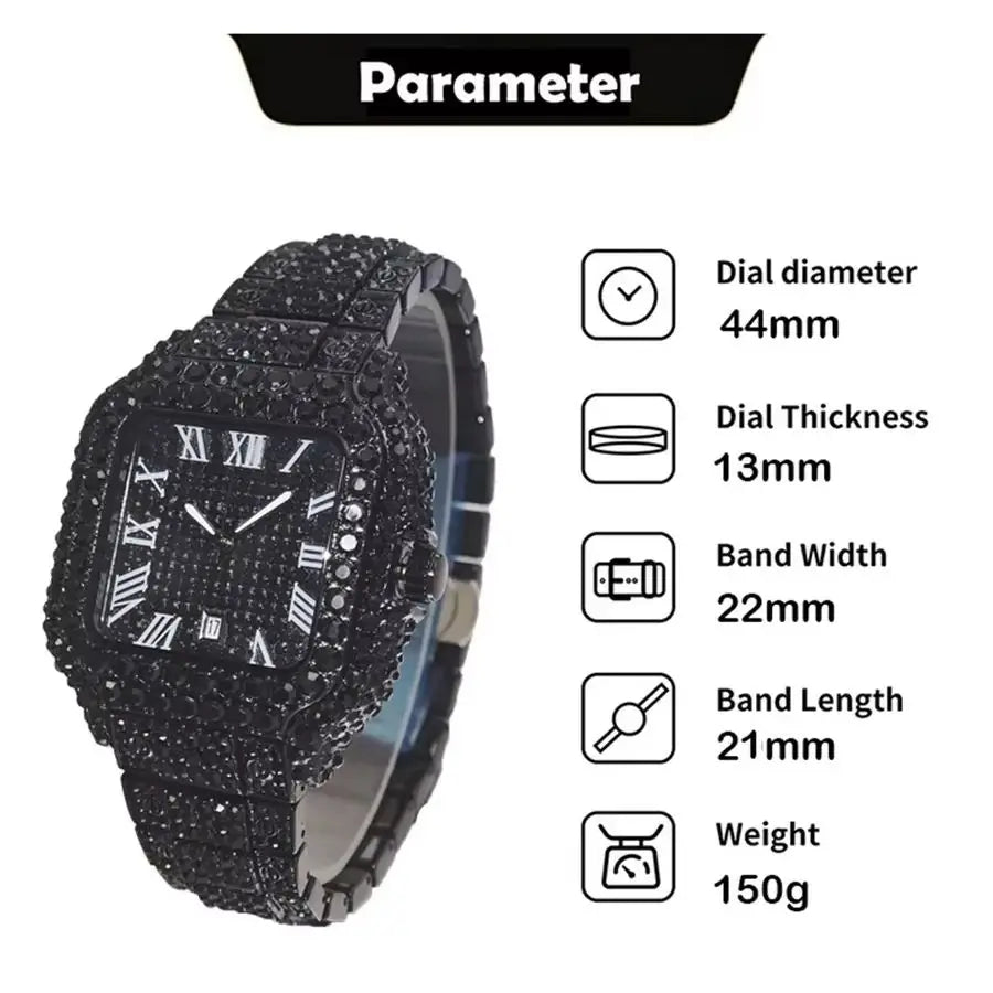 Cool Black Iced Watch For Man Fashion Brand UNIGUET Hip Hop Diamond Bling Bling Jewelry Square Wrist Watch Mens Dropshipping