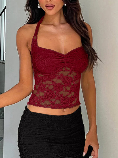 Spring/Summer 2025 New Arrival Women's Y2K Style Sleeveless Lace-Trimmed Fitted T-Shirt Lace-Tie Plain-Colour Tank Top