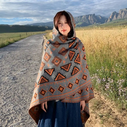 GypsyLady Bohemian Vintage Chic Cloaks Capes Hooded Blue Women Autumn Warm Knitted Ethnic Capes Tassels Cloak Poncho Outwear New