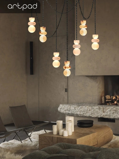 Alabaster Marble Chain Hanging Pendant Lights Collection for Dining Room Spanish Natural Marble LED Chandelier For Living Room