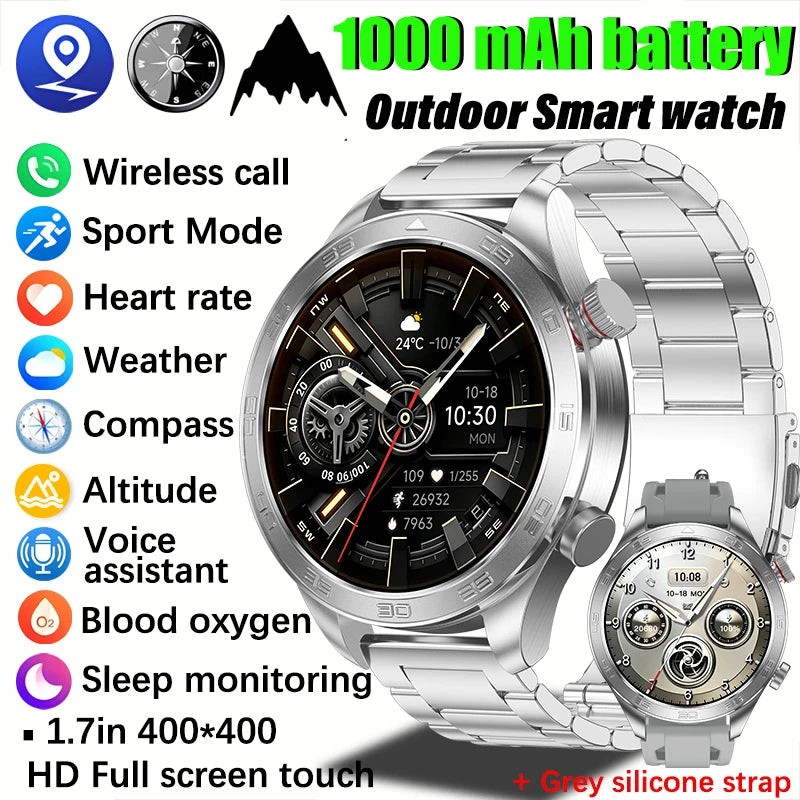 2026 new business men's smart watch 1000 mAh battery with compass altitude pressure IPX8 waterproof call sports health watch
